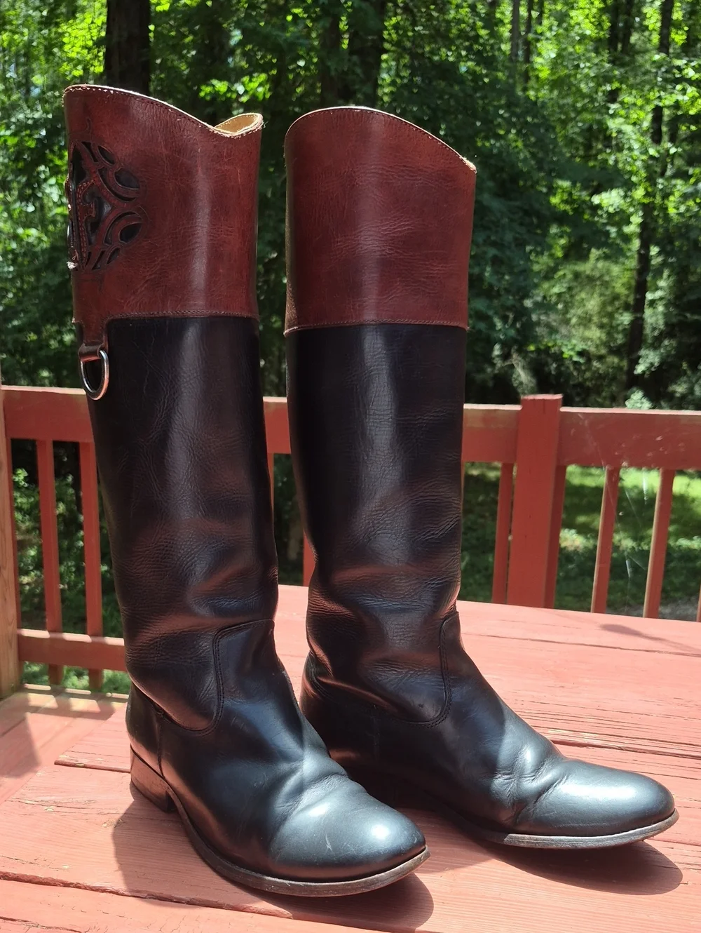 Frye Two-Tone Black and Brown Tall Leather Riding Boots 8.5